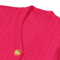 Thumbnail for Close-up of a pink ribbed sweater with a gold button on a white background