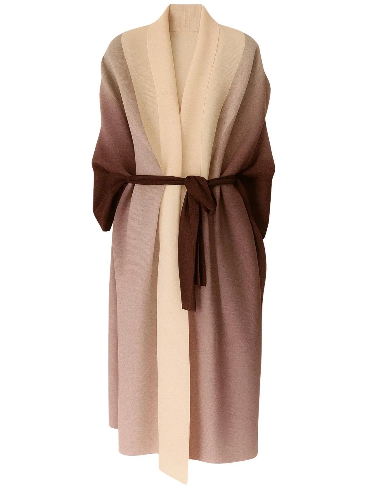 Long, light brown and beige jacket with a belt on a white background