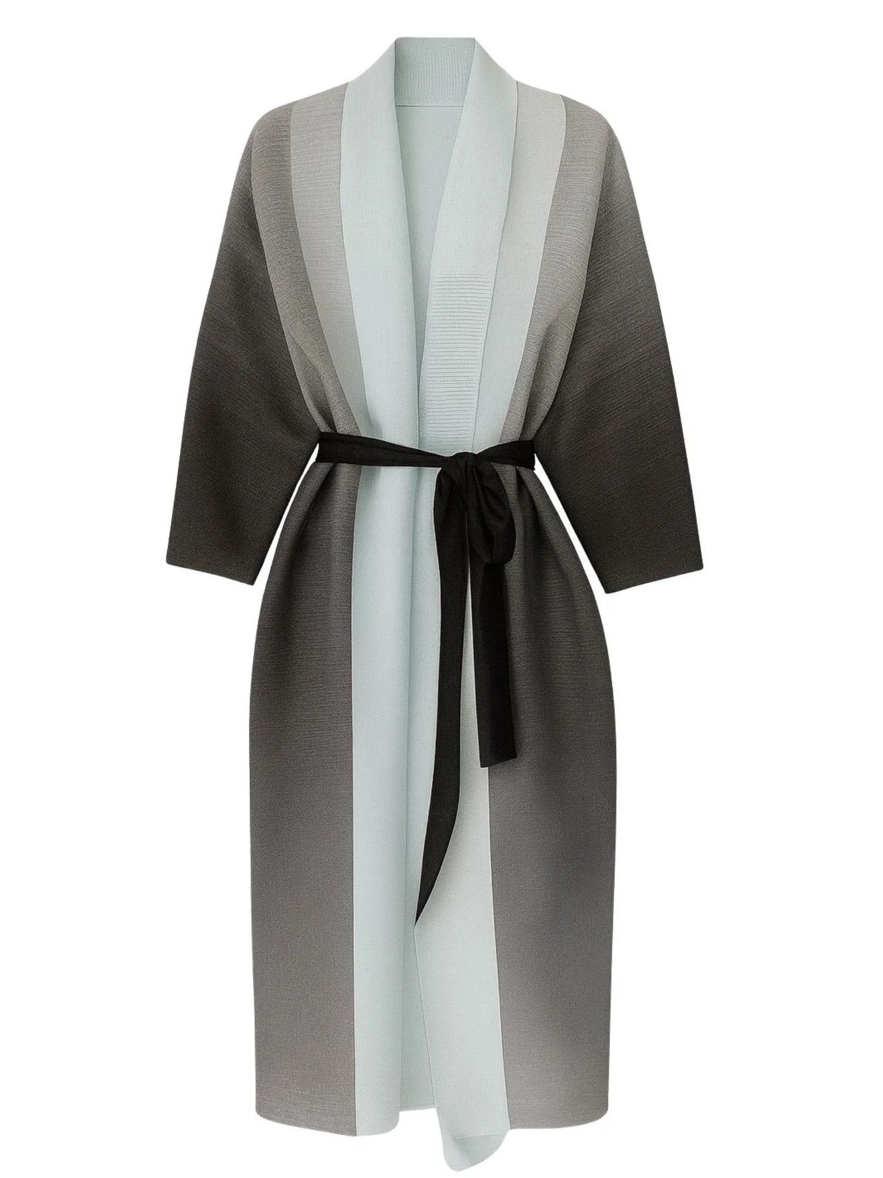 Gray and white striped jacket with a black belt on a white background