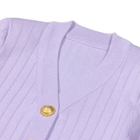 Thumbnail for Close-up of a light purple cardigan with a gold button on a white background