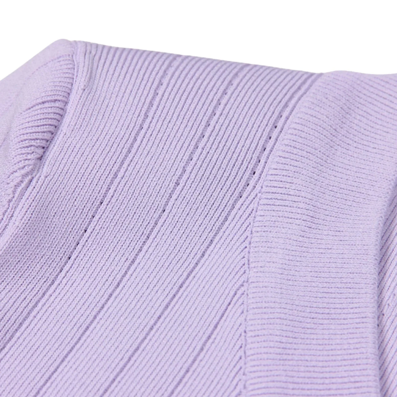 Close-up of a light purple cardigan shoulder on a white background