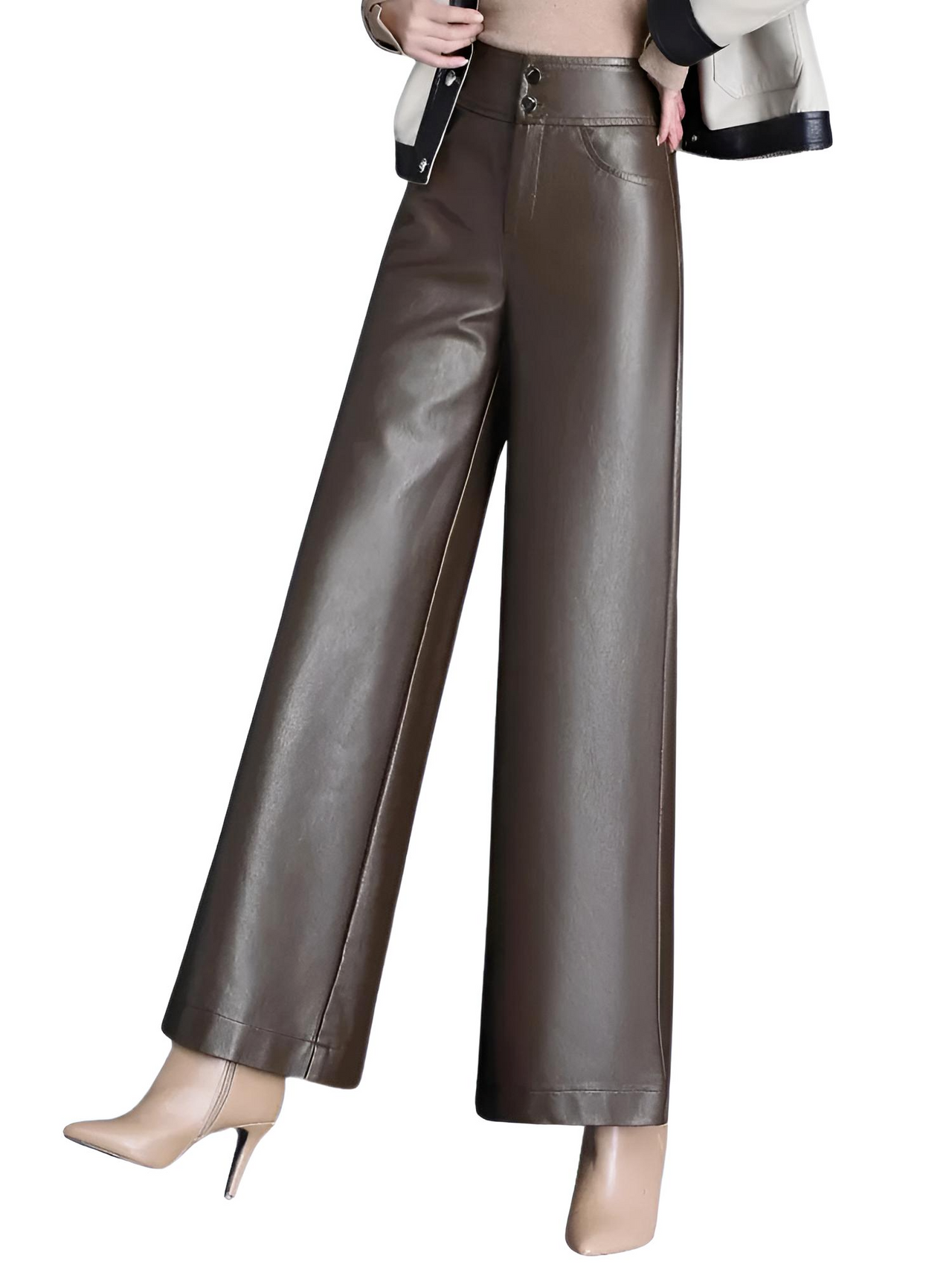 High Quality Faux Leather Women's Leather Wide Leg Pants Fashion Long Leather Pants Elegant Leather Trousers, Drestiny, M, L, XL, XXL, 2XL, 3XL, 4XL, Coffee, Dark Brown, Black, Casual Pants, Leather Pants, Dress Pants, United States, USA, Canada, Australia, New Zealand, United Kingdom, UK, women's wide leg leather pants, black wide leg leather pants, faux leather wide leg pants, wide leg leather pants outfit ideas, shopdestiny.com