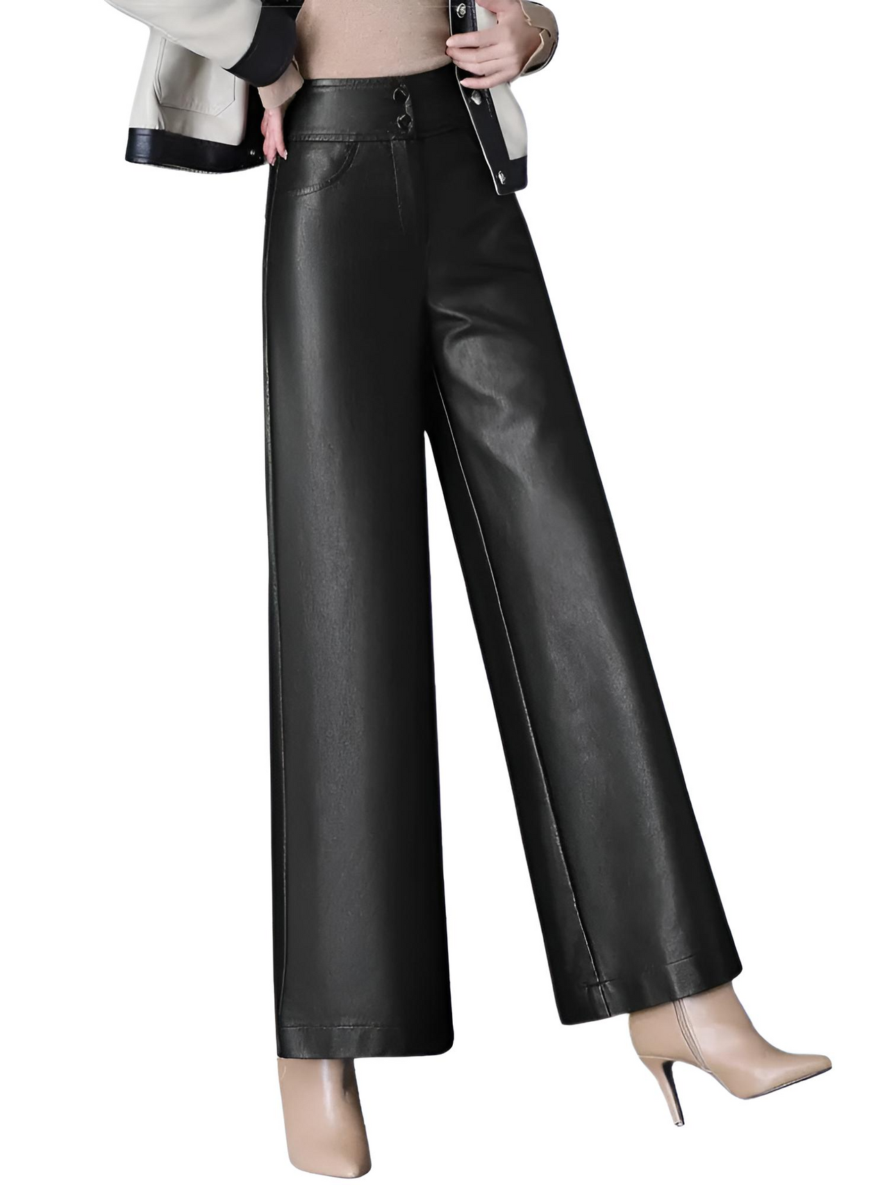 High Quality Faux Leather Women's Leather Wide Leg Pants Fashion Long Leather Pants Elegant Leather Trousers, Drestiny, M, L, XL, XXL, 2XL, 3XL, 4XL, Coffee, Dark Brown, Black, Casual Pants, Leather Pants, Dress Pants, United States, USA, Canada, Australia, New Zealand, United Kingdom, UK, women's wide leg leather pants, black wide leg leather pants, faux leather wide leg pants, wide leg leather pants outfit ideas, shopdestiny.com