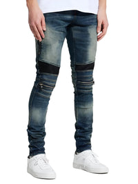 Thumbnail for High Street PU Leather Men's Zipper Patchwork Jeans