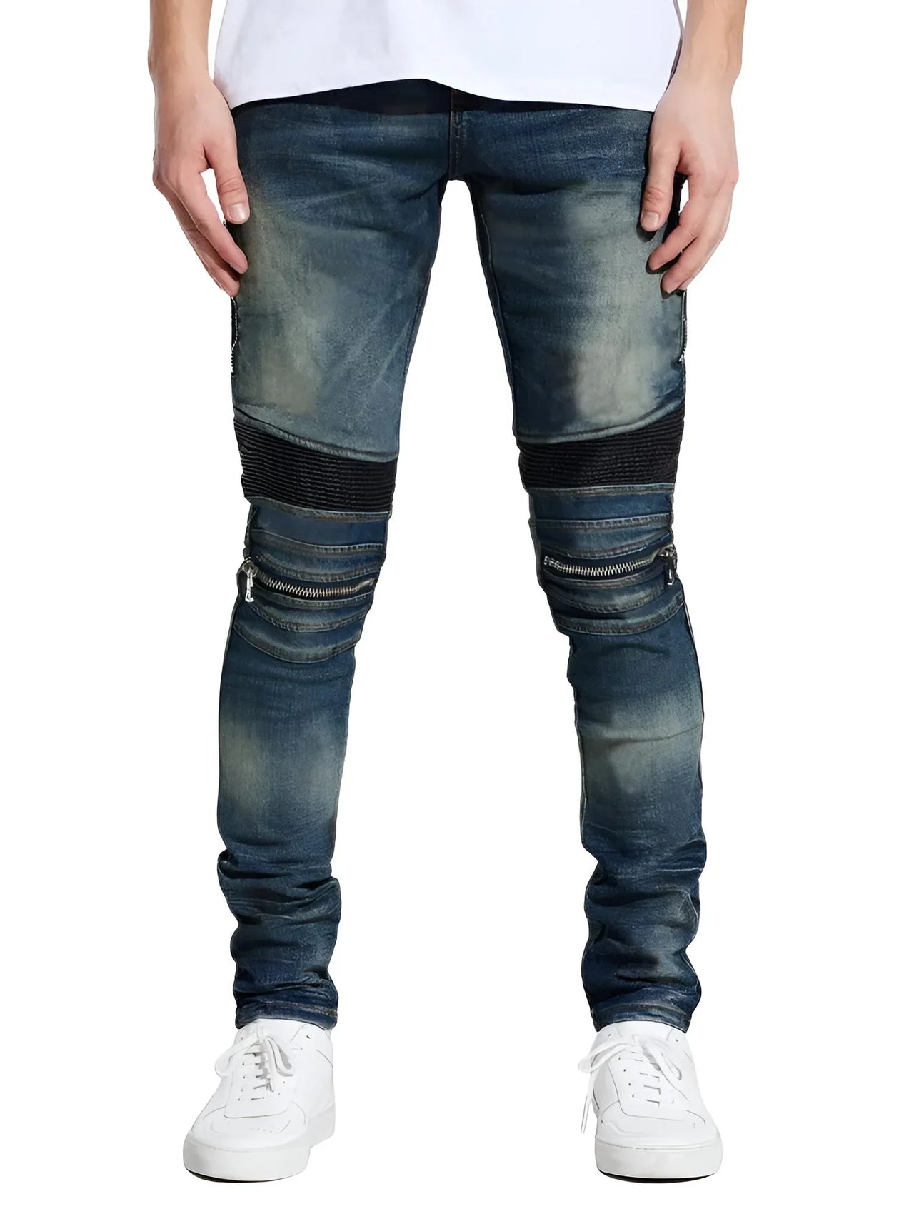 High Street PU Leather Men's Zipper Patchwork Jeans