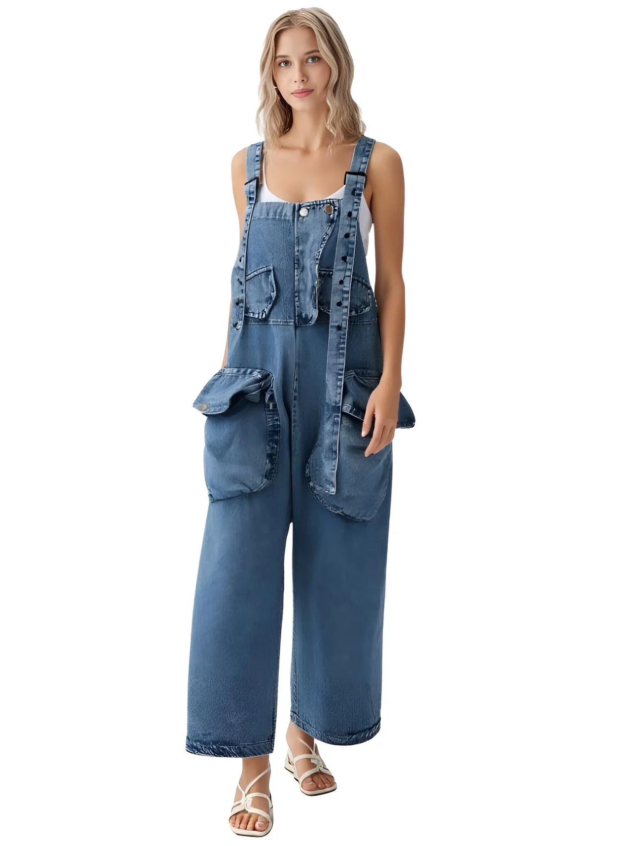 Woman wearing a blue denim jumpsuit on a white background