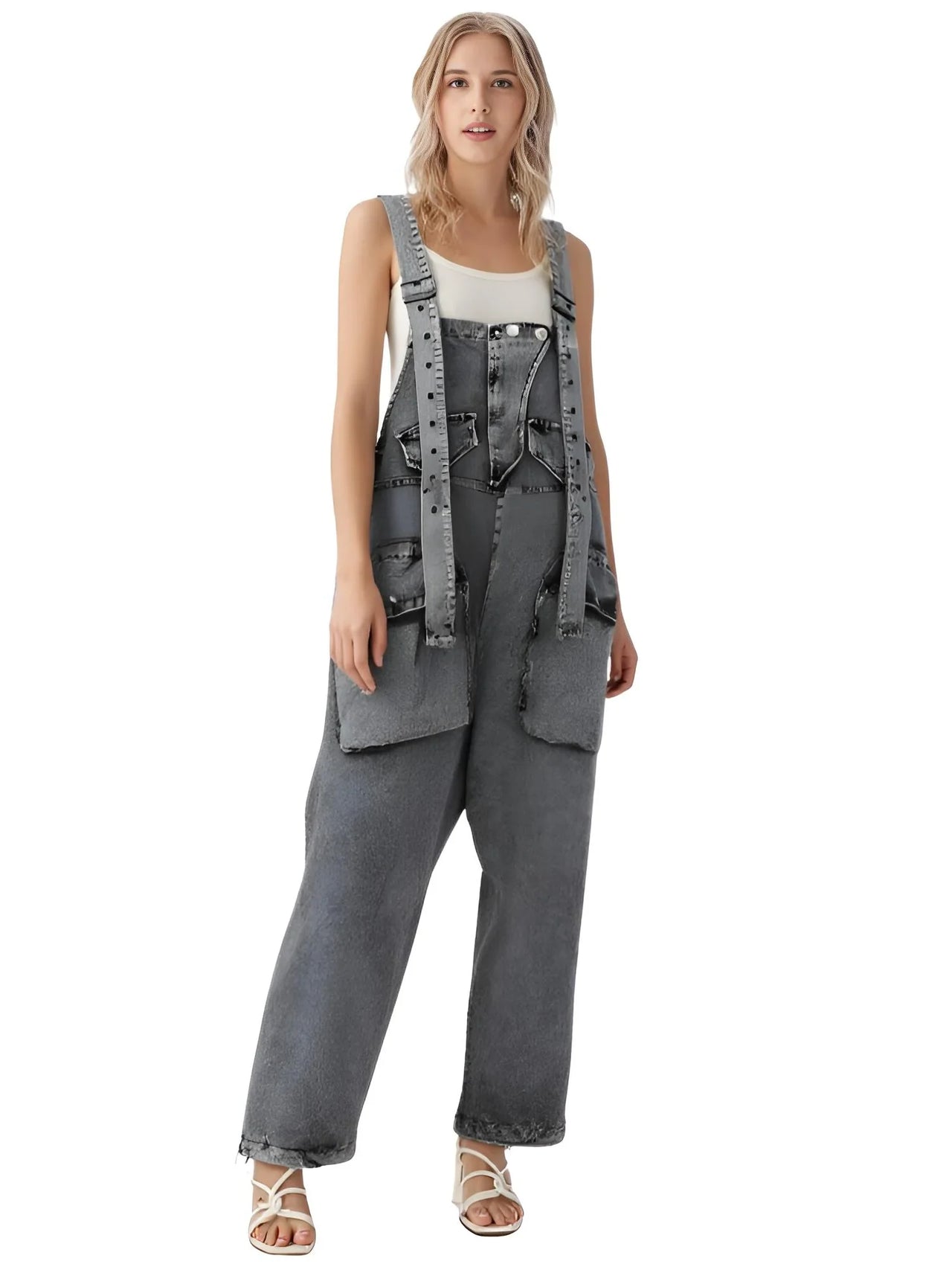 Woman wearing a denim overalls outfit on a white background