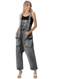 Thumbnail for Woman wearing black denim overalls on a white background