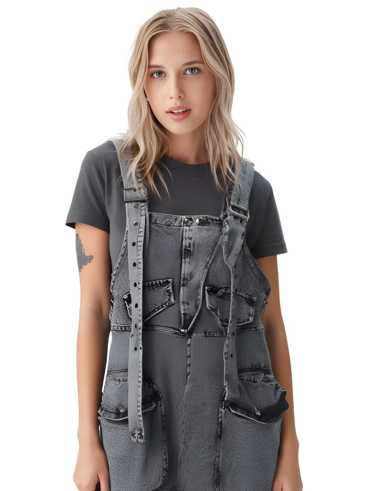 Woman wearing a black denim overall outfit on a white background