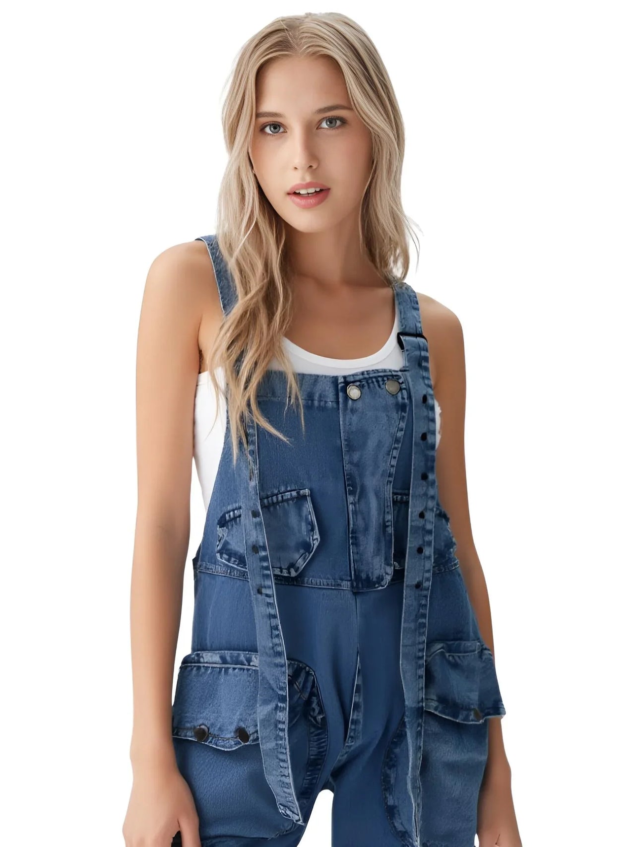 Woman wearing blue denim overalls on a white background