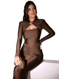 Thumbnail for Hollow Out Long Sleeve Sexy Maxi Dress For Women Autumn Winter Metal Buckle Ruched Slit Long Dress Elegant, Drestiny, Maxi Dresses, Ankle Length Dresses, Brown Dresses, Long Sleeves, Long Sleeve Dresses, United States, Canada, Australia, New Zealand, United Kingdom, S, M, L, Brown, Dark Brown, Green Dresses, Green, Black Dresses, Black, Khaki, Khaki Dresses, 4, 6, 8, 10, shopdrestiny.com