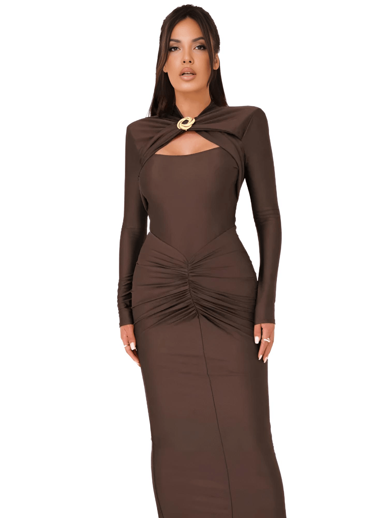 Hollow Out Long Sleeve Sexy Maxi Dress For Women Autumn Winter Metal Buckle Ruched Slit Long Dress Elegant, Drestiny, Maxi Dresses, Ankle Length Dresses, Brown Dresses, Long Sleeves, Long Sleeve Dresses, United States, Canada, Australia, New Zealand, United Kingdom, S, M, L, Brown, Dark Brown, Green Dresses, Green, Black Dresses, Black, Khaki, Khaki Dresses, 4, 6, 8, 10, shopdrestiny.com