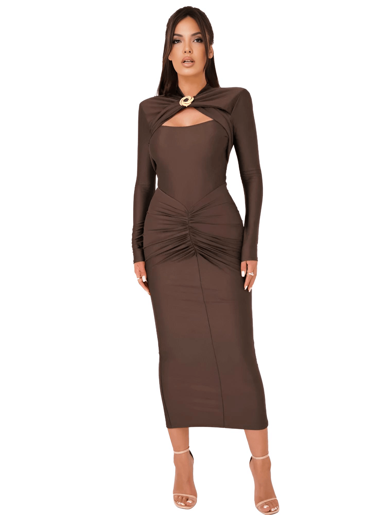 Hollow Out Long Sleeve Sexy Maxi Dress For Women Autumn Winter Metal Buckle Ruched Slit Long Dress Elegant, Drestiny, Maxi Dresses, Ankle Length Dresses, Brown Dresses, Long Sleeves, Long Sleeve Dresses, United States, Canada, Australia, New Zealand, United Kingdom, S, M, L, Brown, Dark Brown, Green Dresses, Green, Black Dresses, Black, Khaki, Khaki Dresses, 4, 6, 8, 10, shopdrestiny.com
