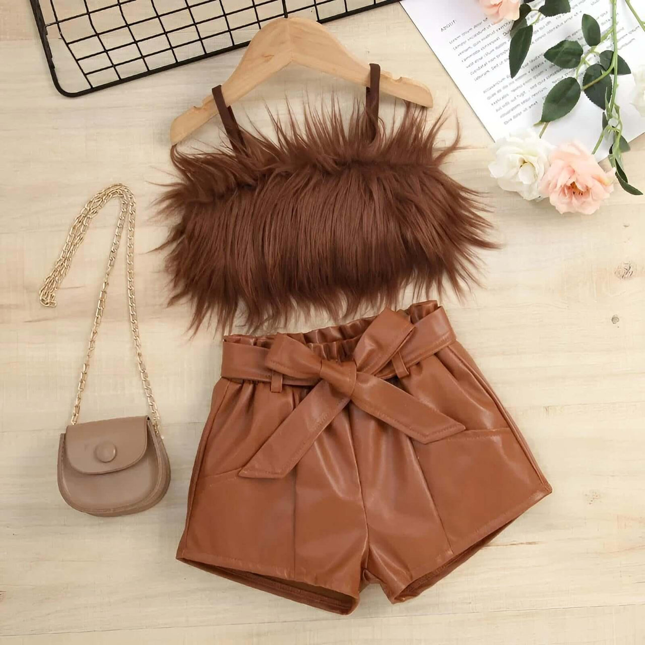 Kid Girl's Shorts Sets Outfit - Sleeveless Plush Crop Top + Faux Leather Shorts with Belt Set -, Baby & Toddler Outfits , Drestiny , 24M, 2T, 3T, 4T, 5T, 6T, Australia, Black, Brown, Canada, Casual Shirts, Crop Tops, New Zealand, Pink, Sets, Short Sets, Shorts, Sleeveless, United Kingdom, United States, Yellow , Drestiny , www.shopdrestiny.com