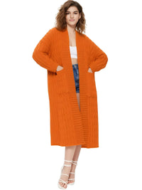 Thumbnail for Woman wearing a long orange cardigan on a white background