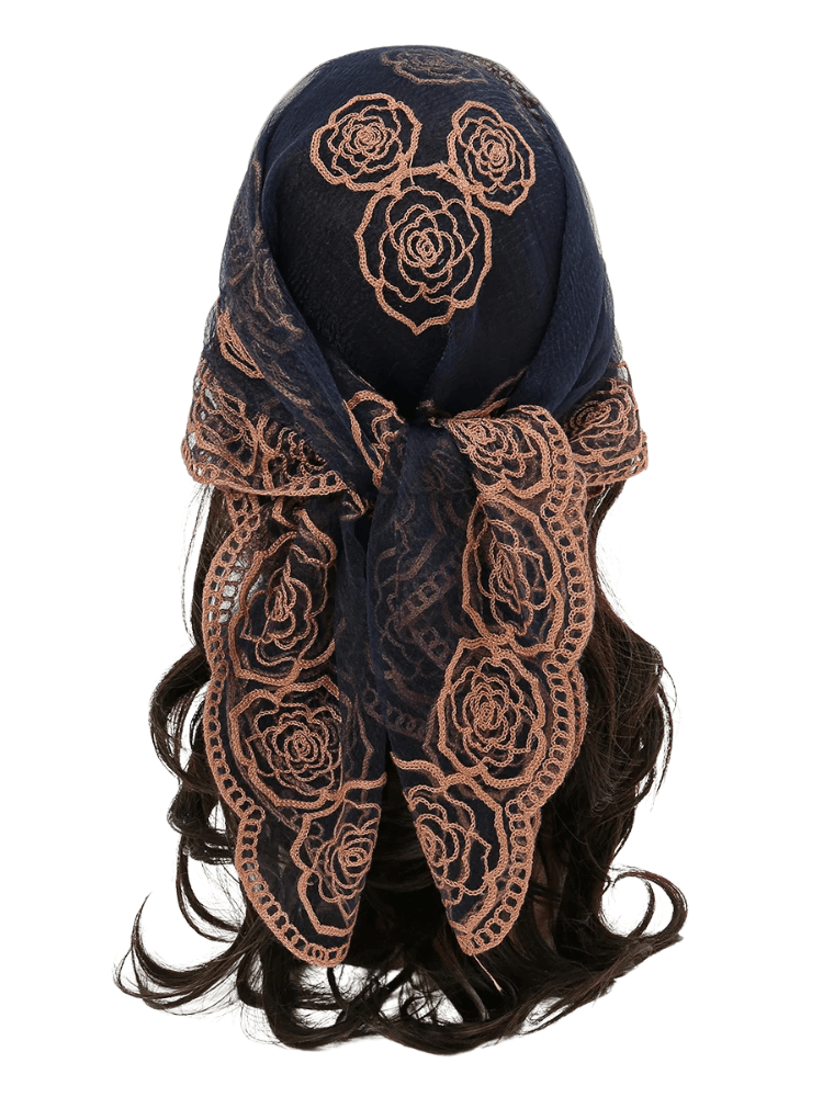 Lace Square Bandana Scarves Style Rock Embroidery Floral Headband Net See Through Headscarf