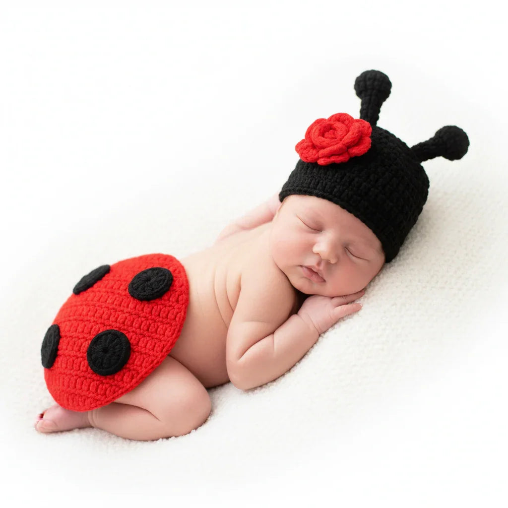 Newborn baby wearing a ladybug outfit with a black hat and red body on a white background