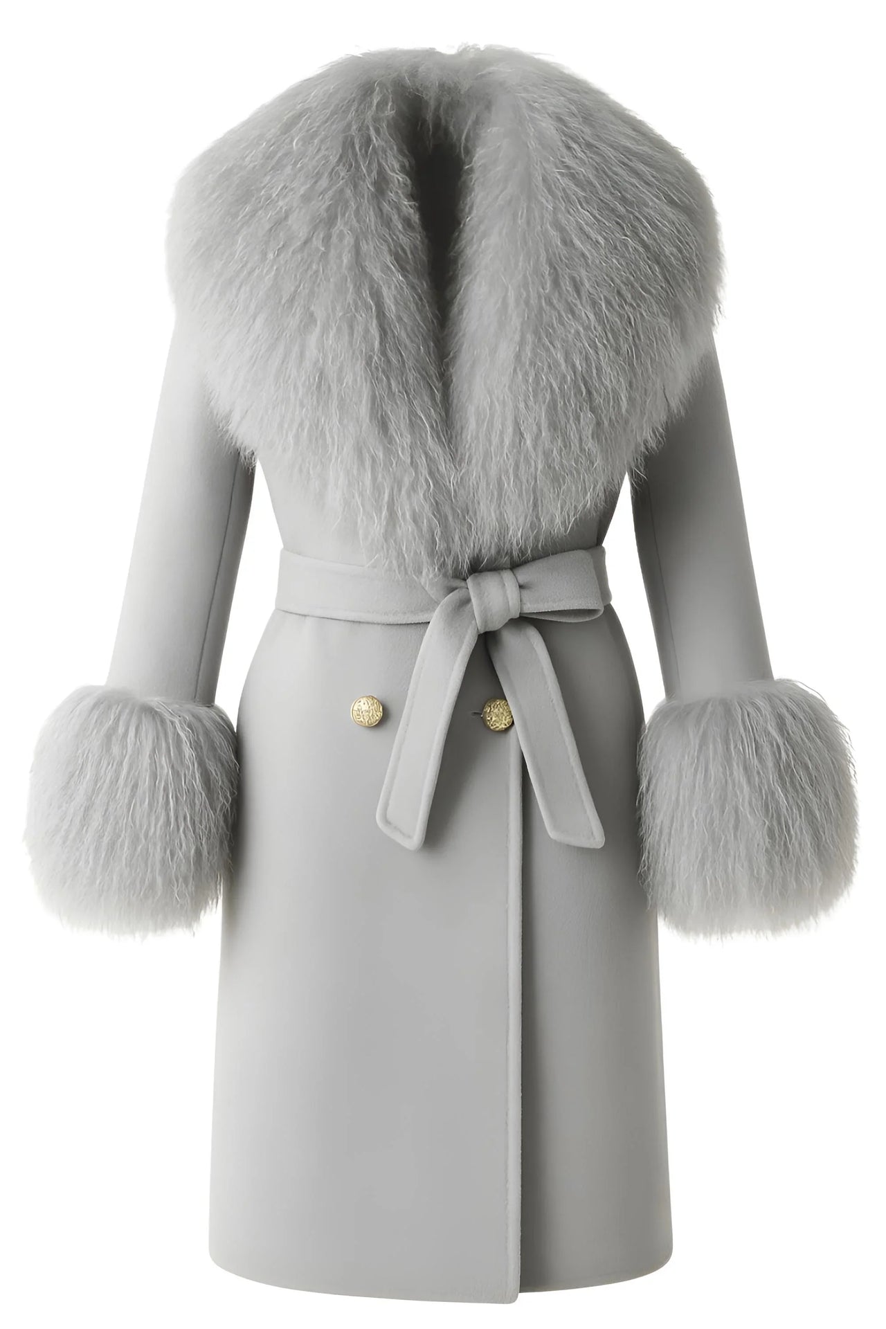 Gray wool coat with fur accents on a white background
