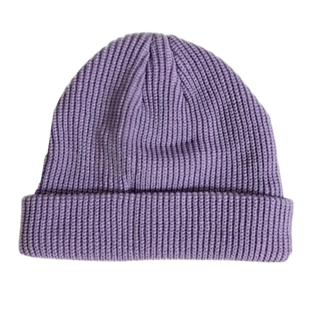 Light purple knit beanie on a white background
