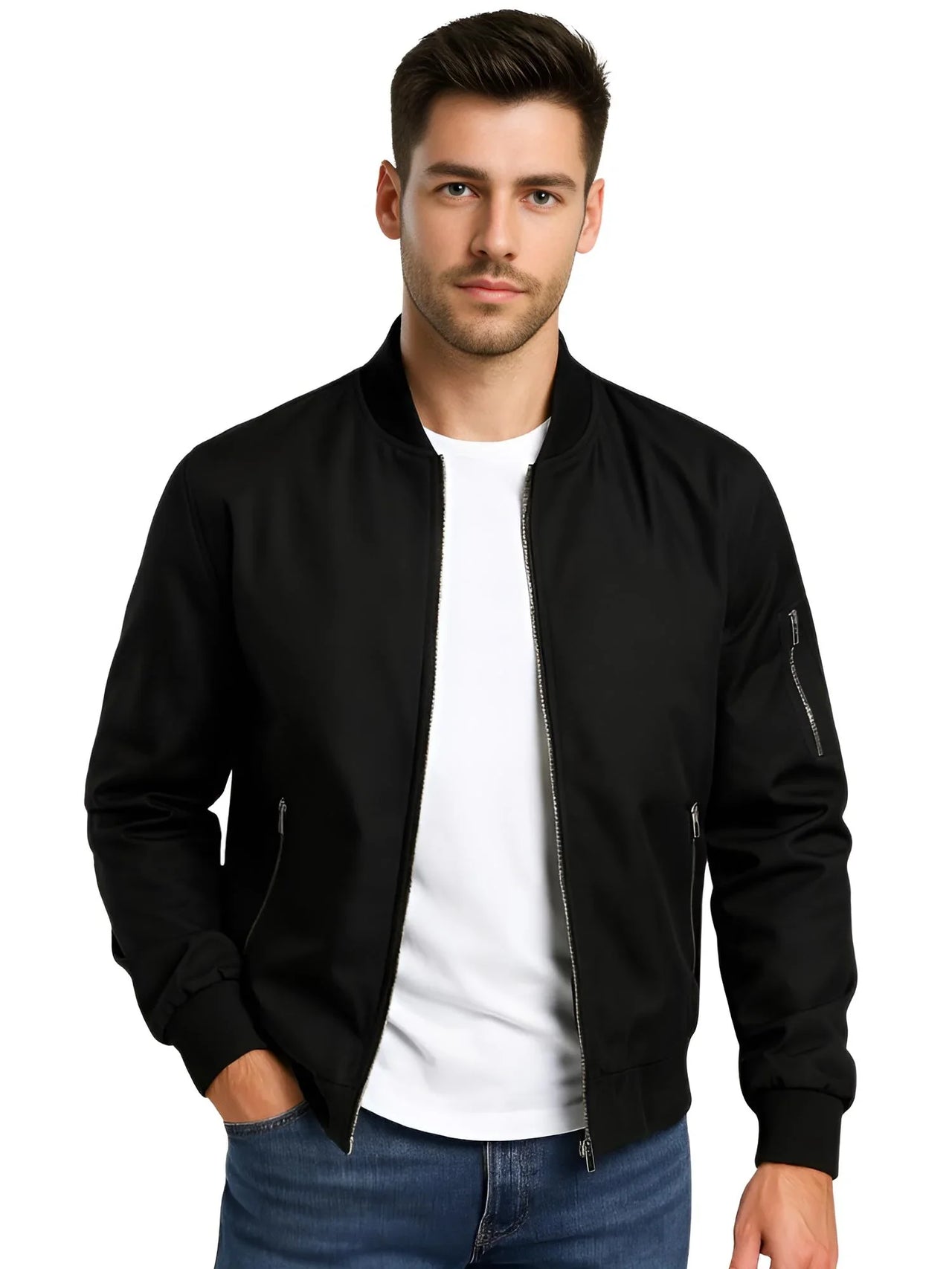 Man wearing a black bomber jacket over a white shirt on a white background