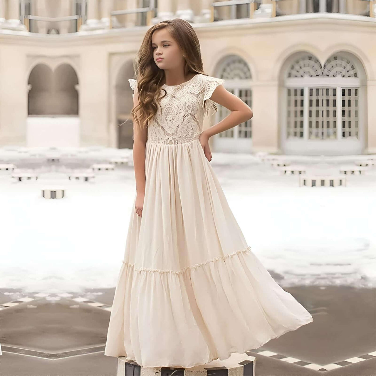 Long Girl's Lace Floral Dress, Drestiny, Dresses, Ankle-Length Dresses, Maxi Dresses, Short Sleeves, 4Y, 6Y, 8Y, 10Y, 12Y, 14Y, United States, USA, Canada, Australia, New Zealand, United Kingdom, UK, White, Wine Red, Pink Champagne, Berry, Olive Green, girls summer dresses, flower girl dresses, summer dresses for girls ages 4-14, white summer dress girl, shopdrestiny.com