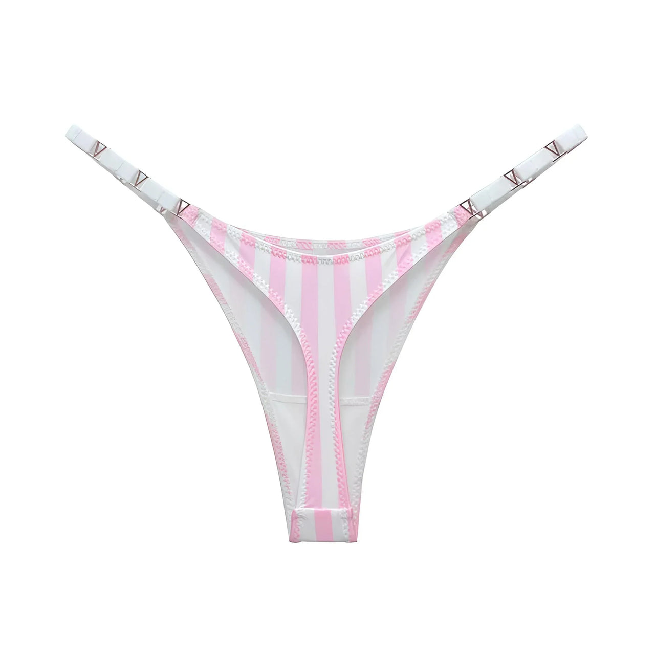 Pink and white striped g-string panties on a white background