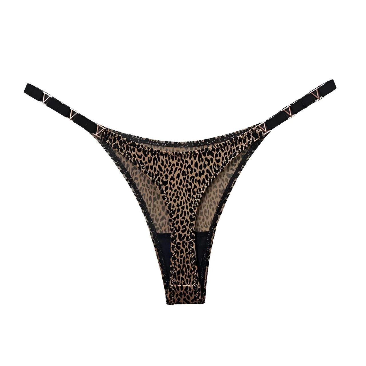Leopard print thong with black straps on a white background