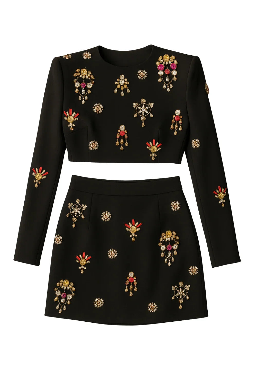 Black skirt set with colorful rhinestones and gems on a white background