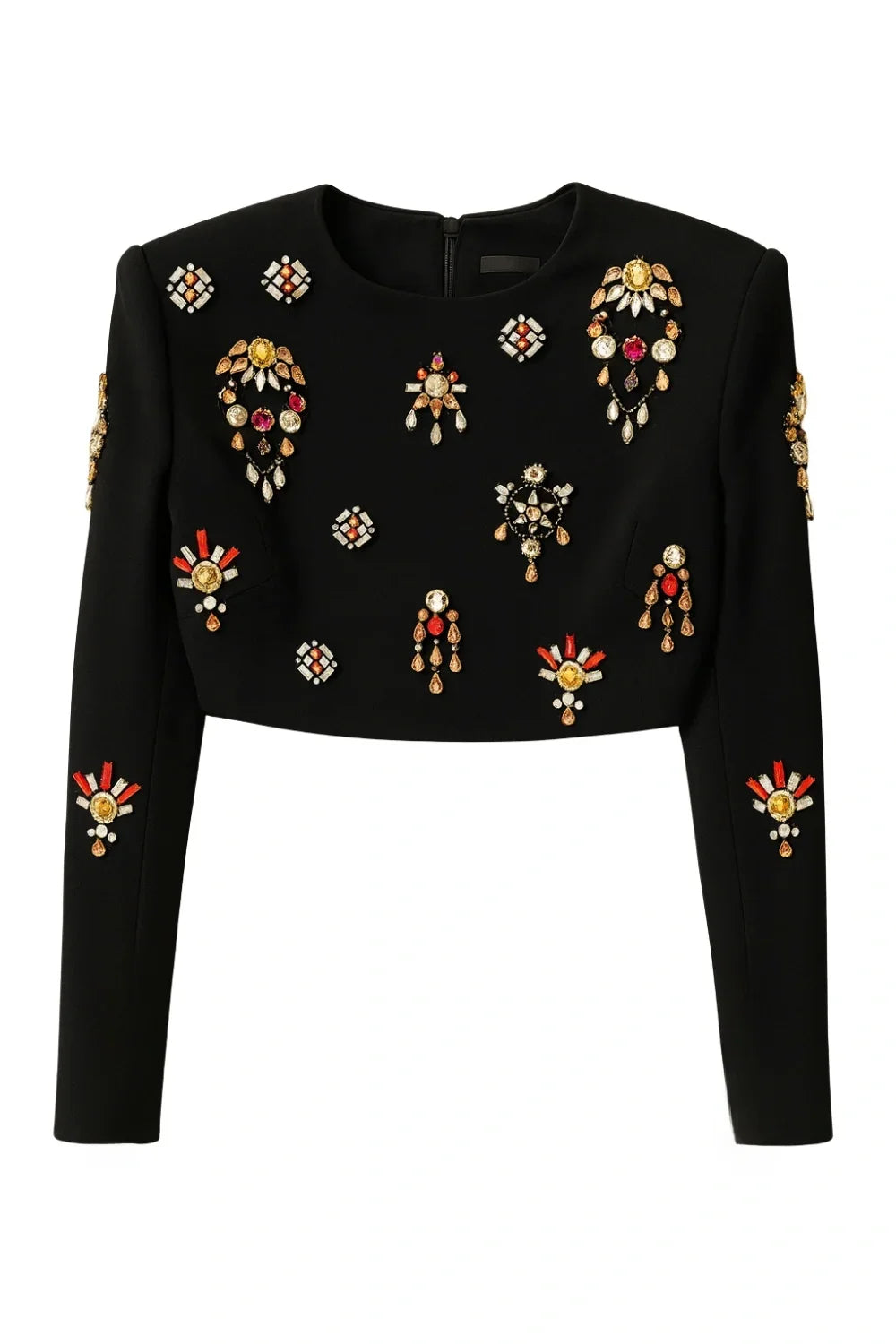 Black long-sleeve top with colorful embellishments on a white background