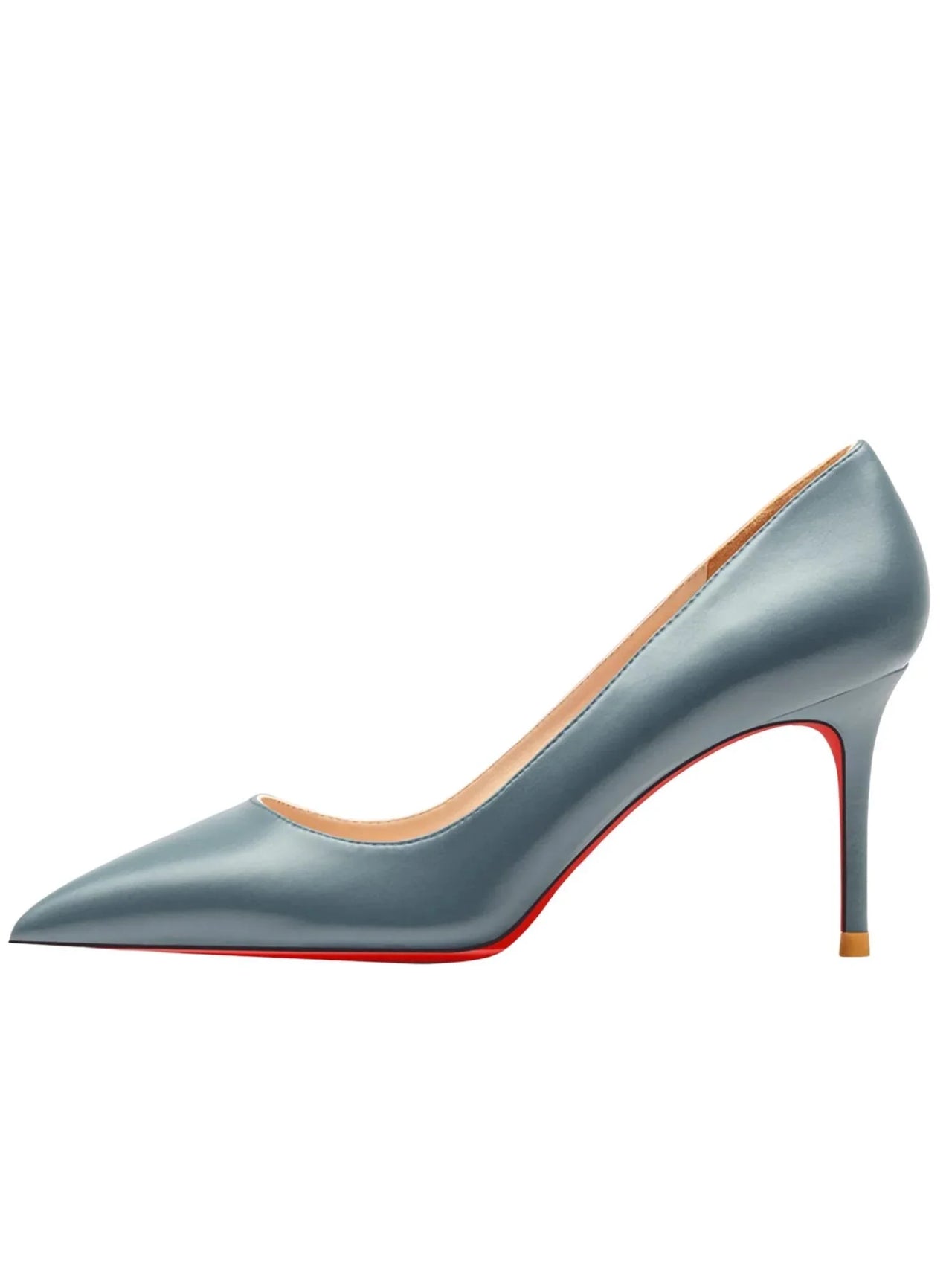 Luxury French Grey high-heeled shoe with red sole on a white background