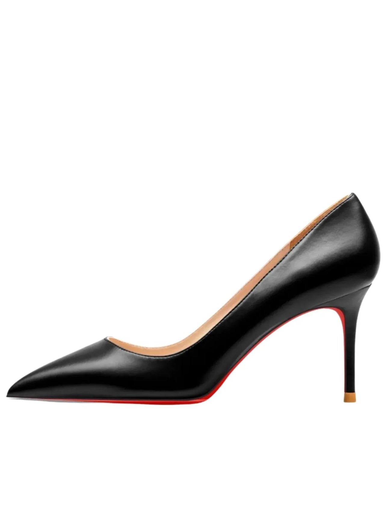 Luxury black high-heeled shoe with red sole on a white background