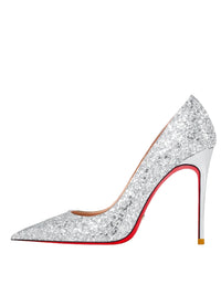 Thumbnail for Sparkly silver high-heeled shoe with a red bottom on a white background