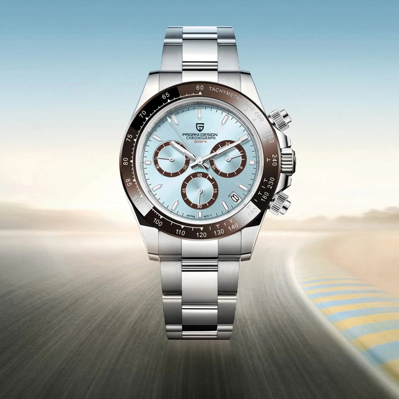 Silver watch with a blue face on a gradient background