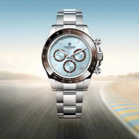 Thumbnail for Silver watch with a blue face on a gradient background