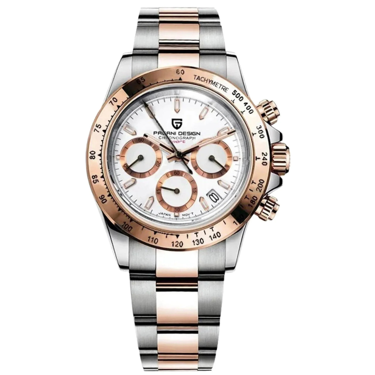 Luxury watch with silver and rose gold band on a white background