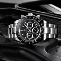 Thumbnail for Silver watch with black dial on a dark background