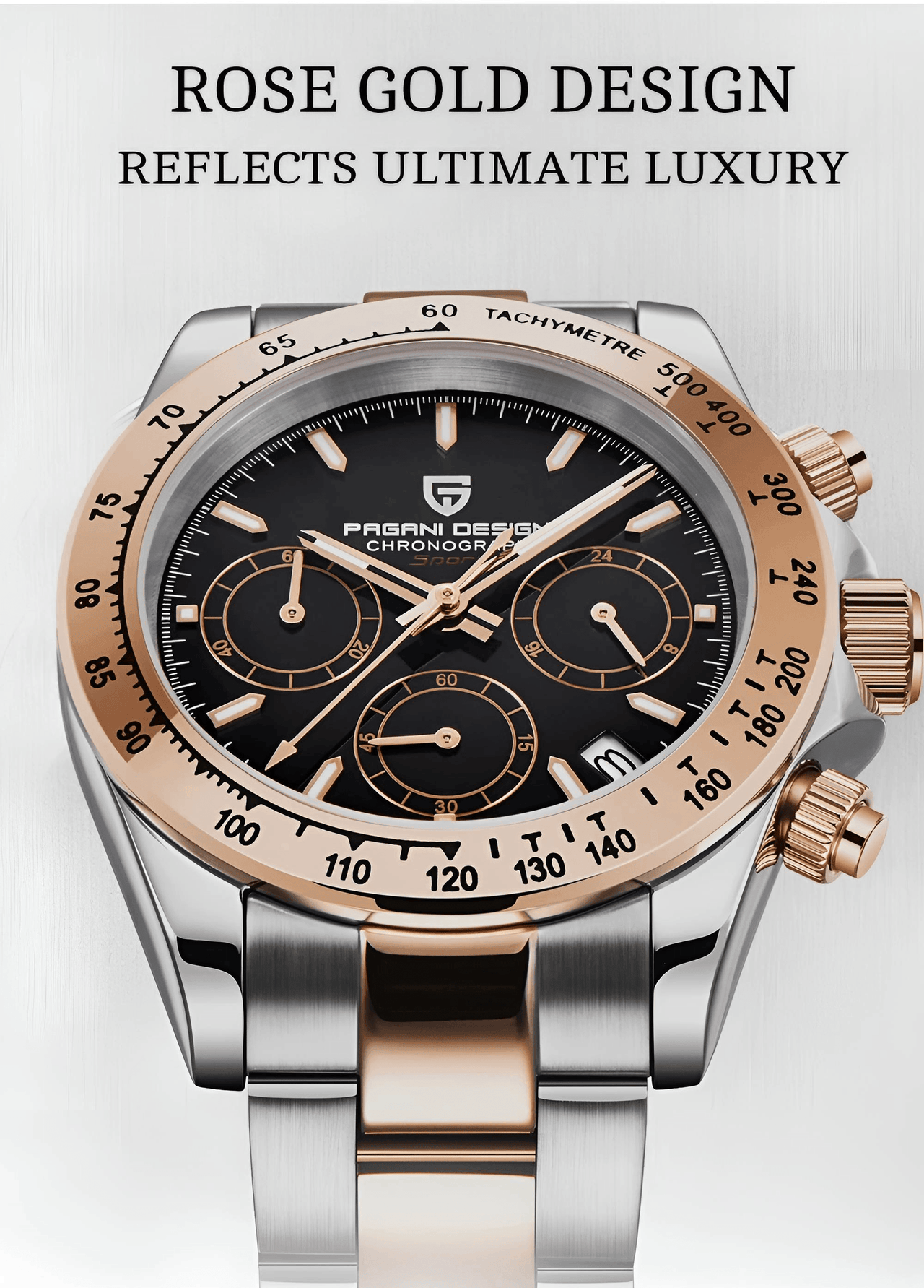 Luxury watch with black face and rose gold and silver design on a white background.