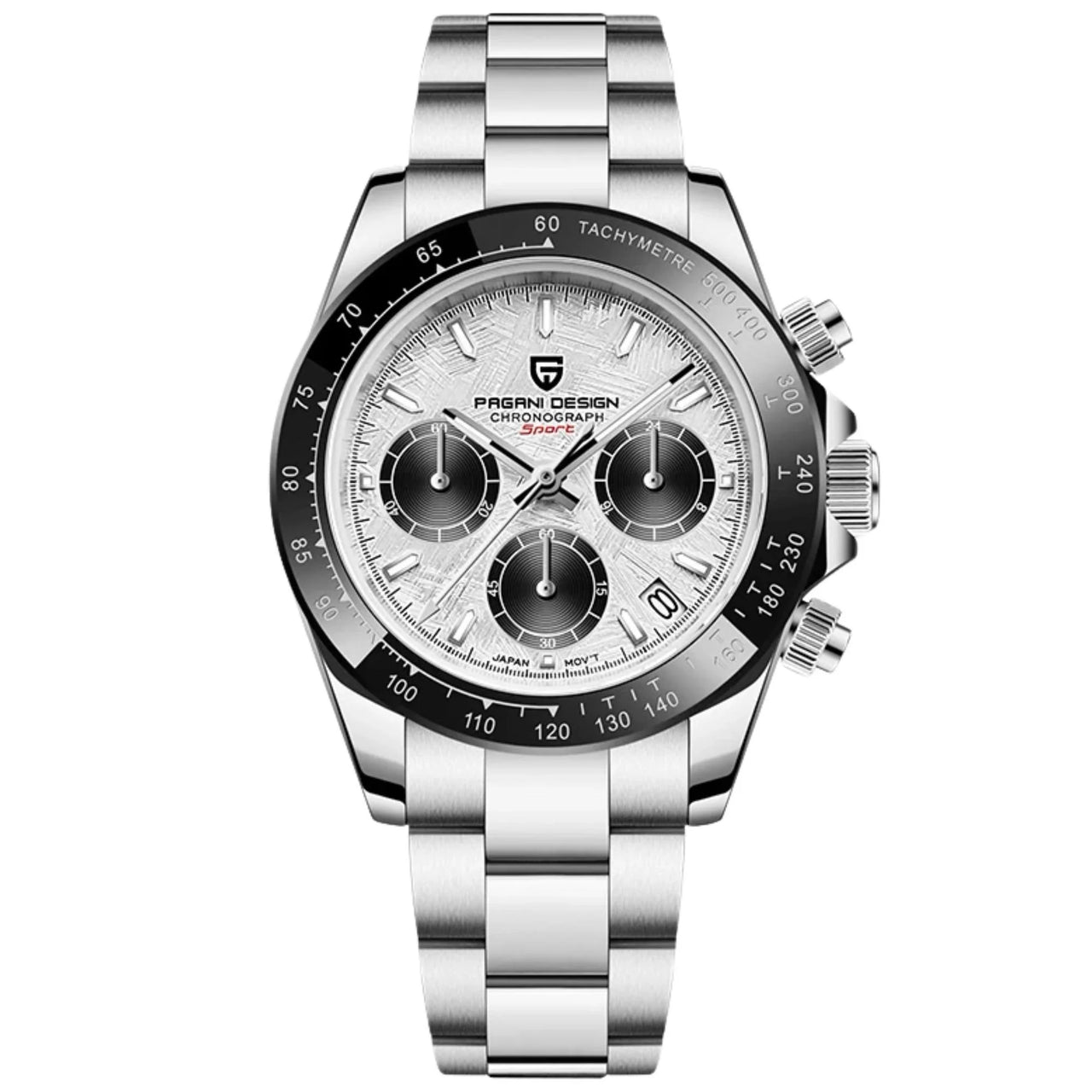 Silver wristwatch with detailed face on a white background