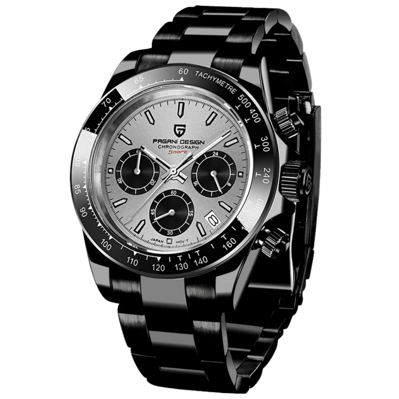 Black and silver watch with detailed face on a white background