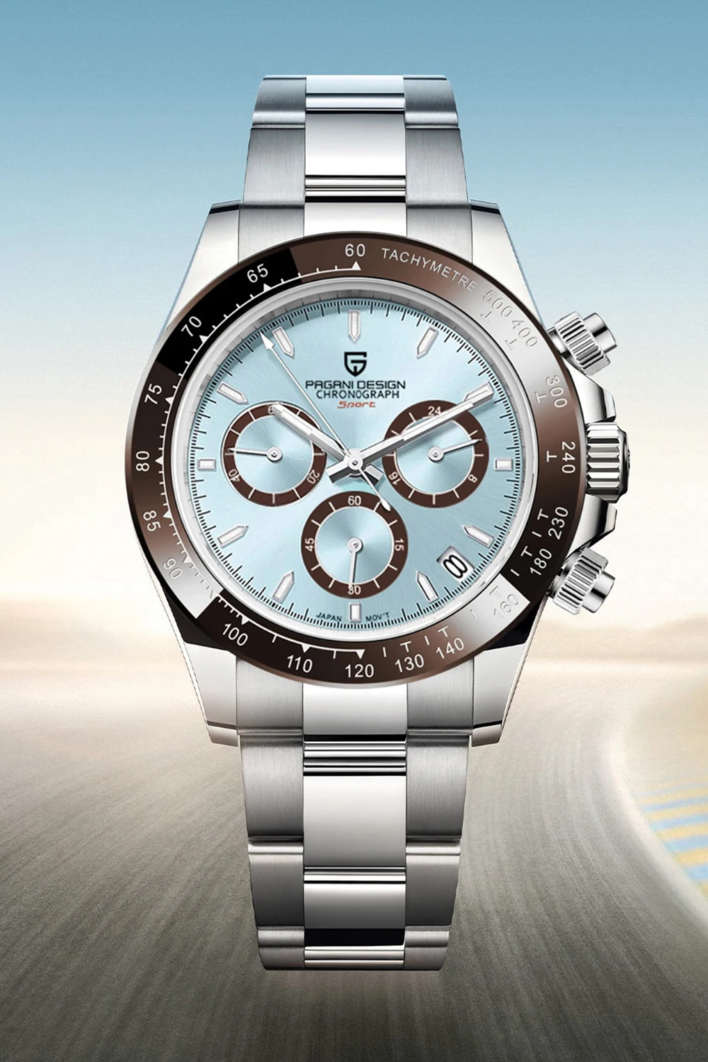 Silver watch with a blue face on a gradient background