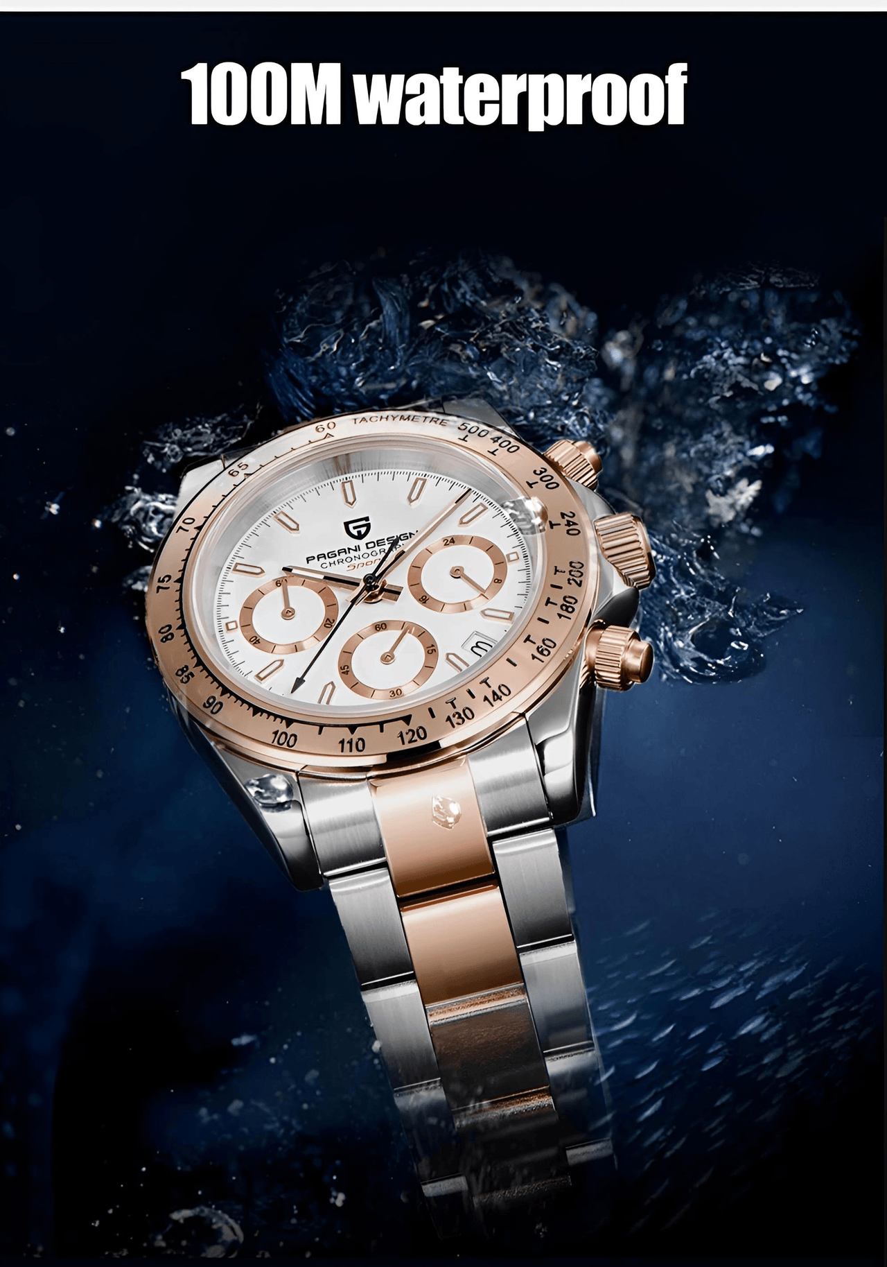 Luxury watch with rose gold and silver design on a water background.