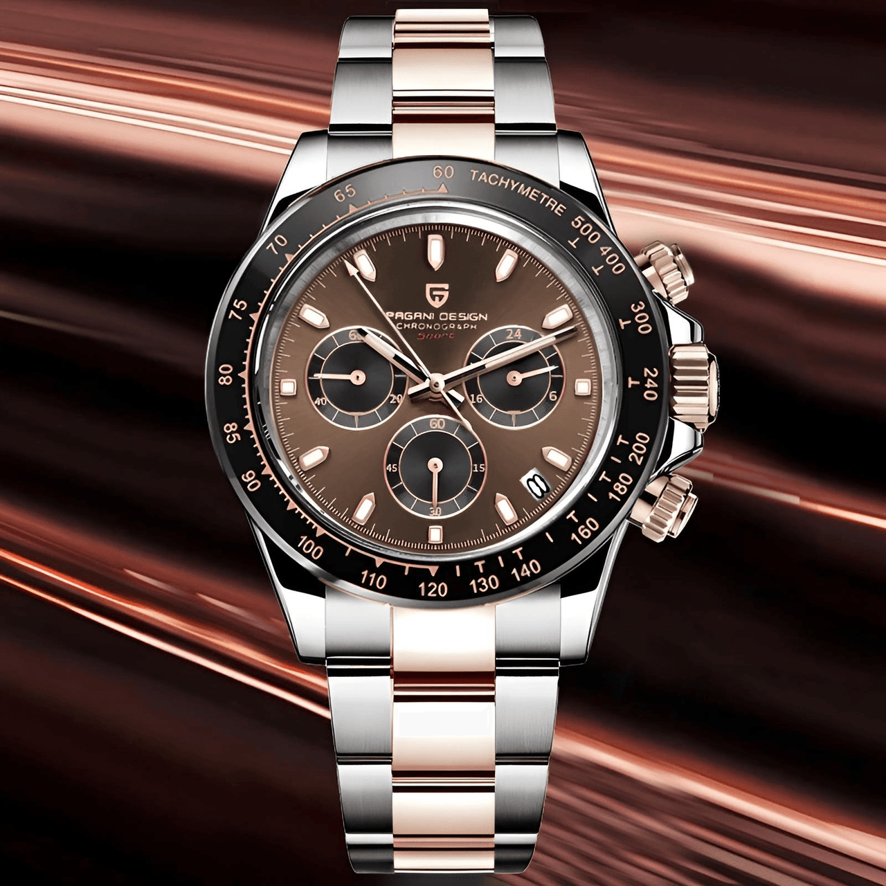 Luxury watch with brown face and silver bracelet on abstract brown background