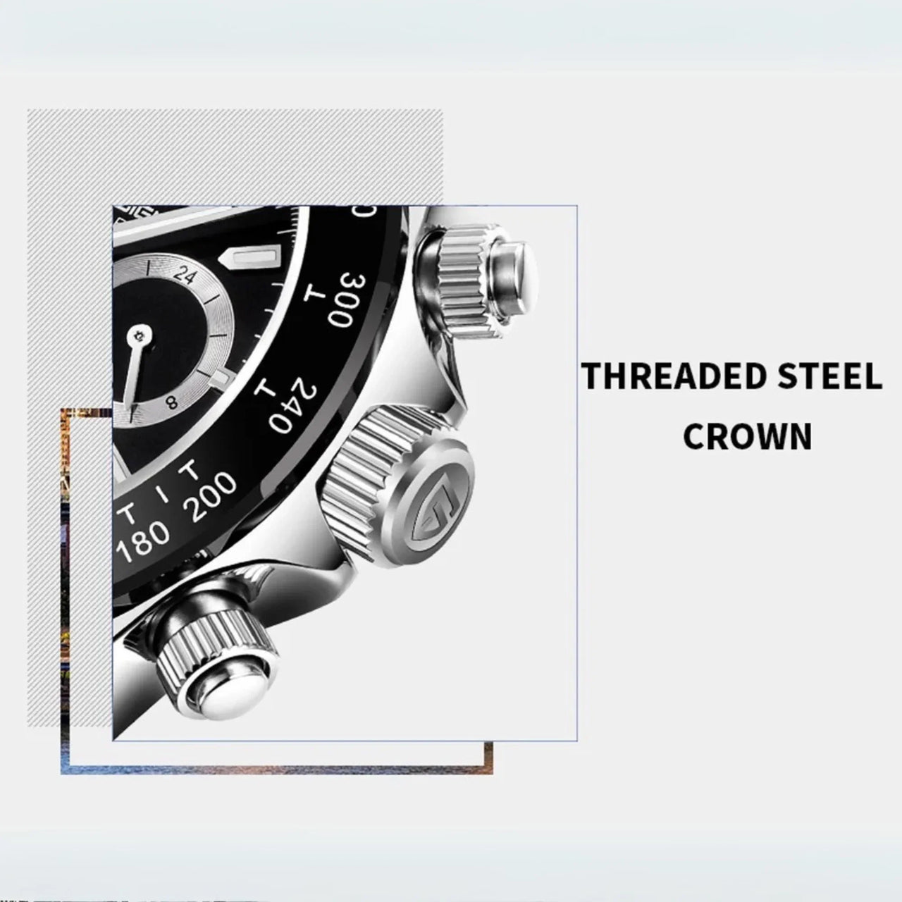 Close-up of a watch with threaded steel crown on a light blue background