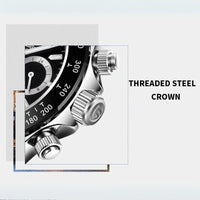 Thumbnail for Close-up of a watch with threaded steel crown on a light blue background