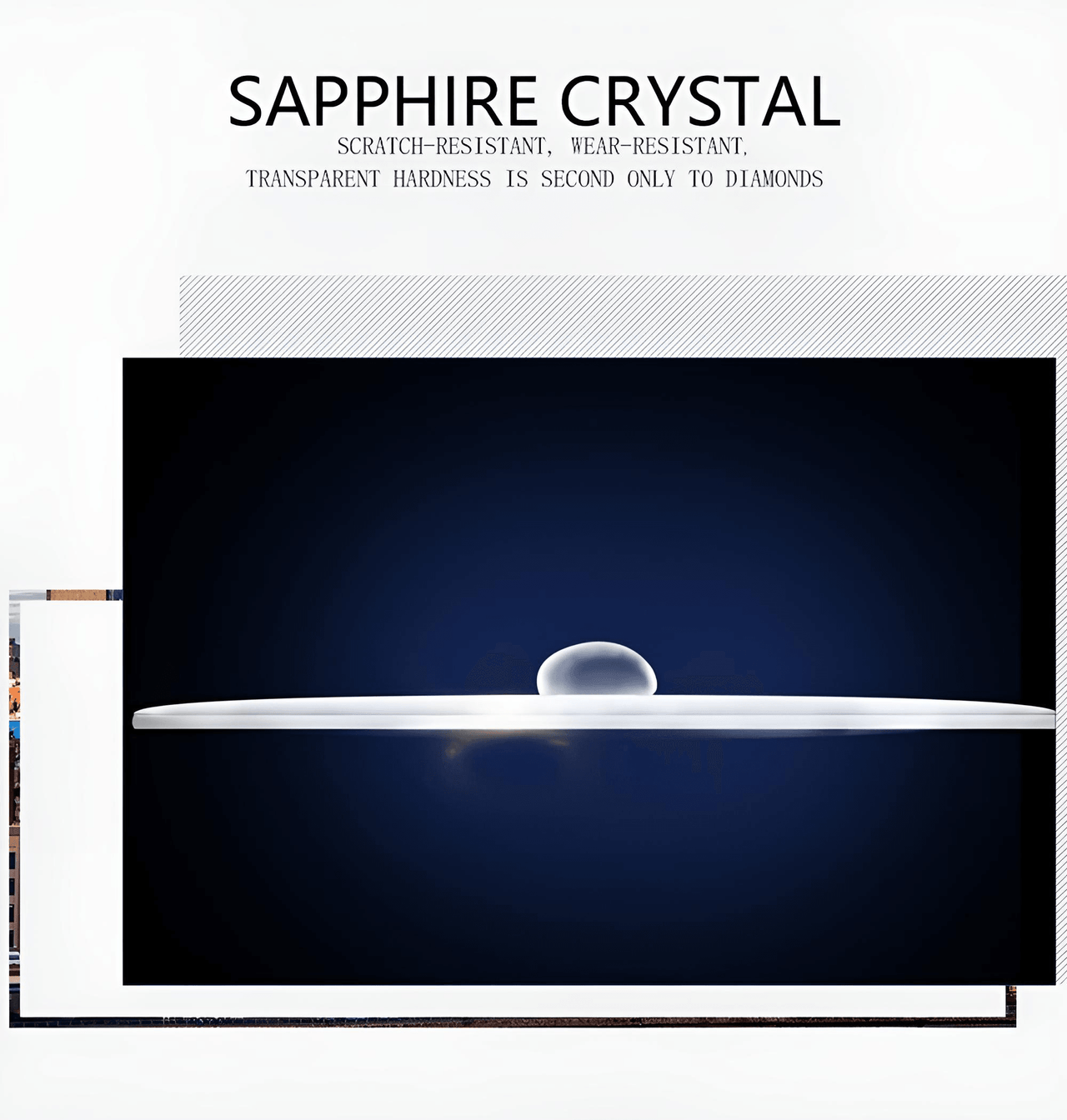 Sapphire crystal droplet on a dark background with text highlighting properties.