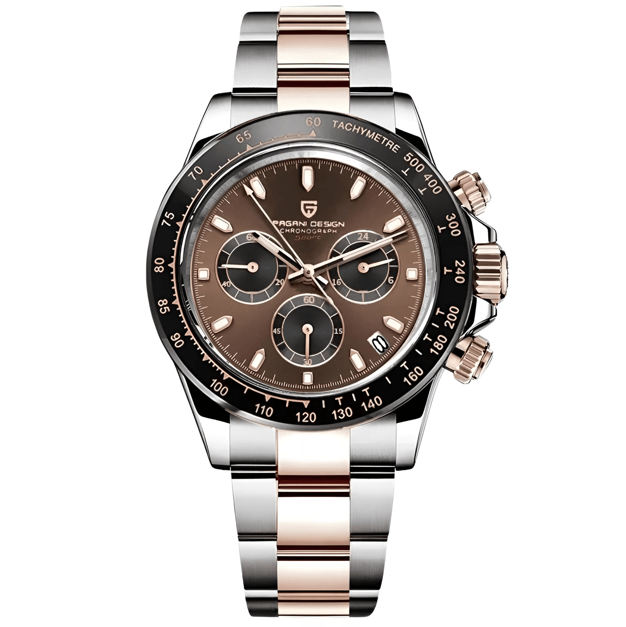 A luxury wristwatch with a stainless steel band and a brown dial, featuring a chronograph function and a rose gold case.