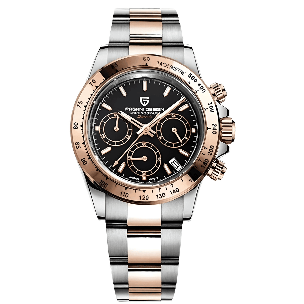 A luxury wristwatch with a stainless steel band and a black dial, featuring a chronograph function and a rose gold case.