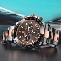 Thumbnail for Luxury watch with brown face and rose gold accents on a blurred background.