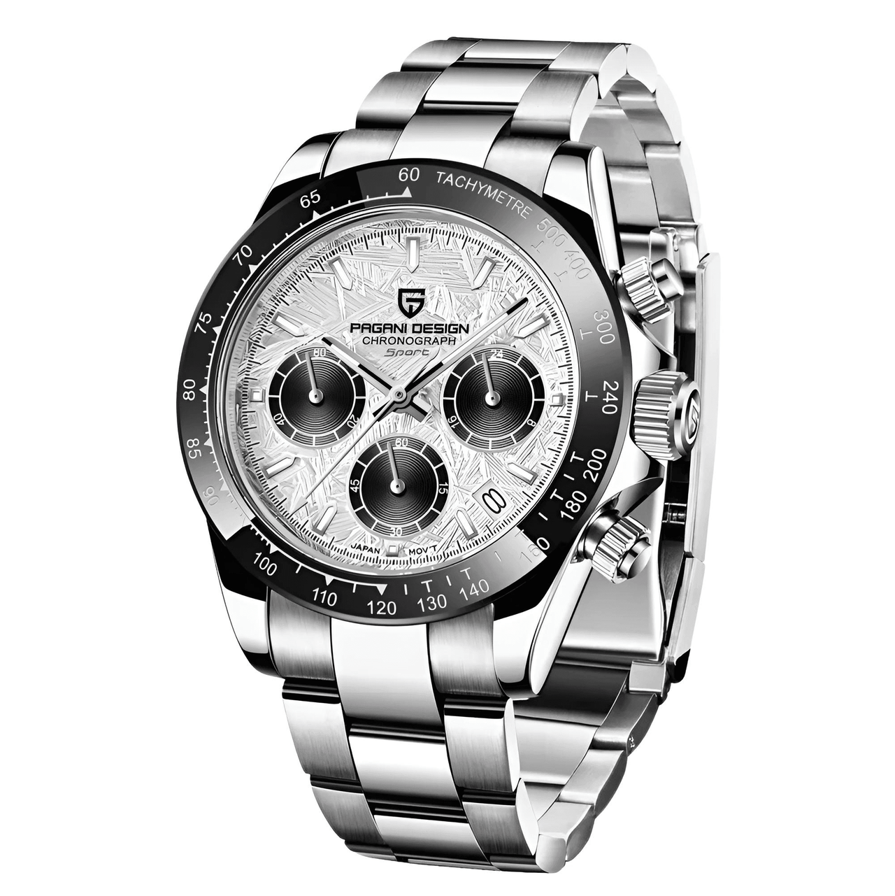 Silver wristwatch with detailed face on white background