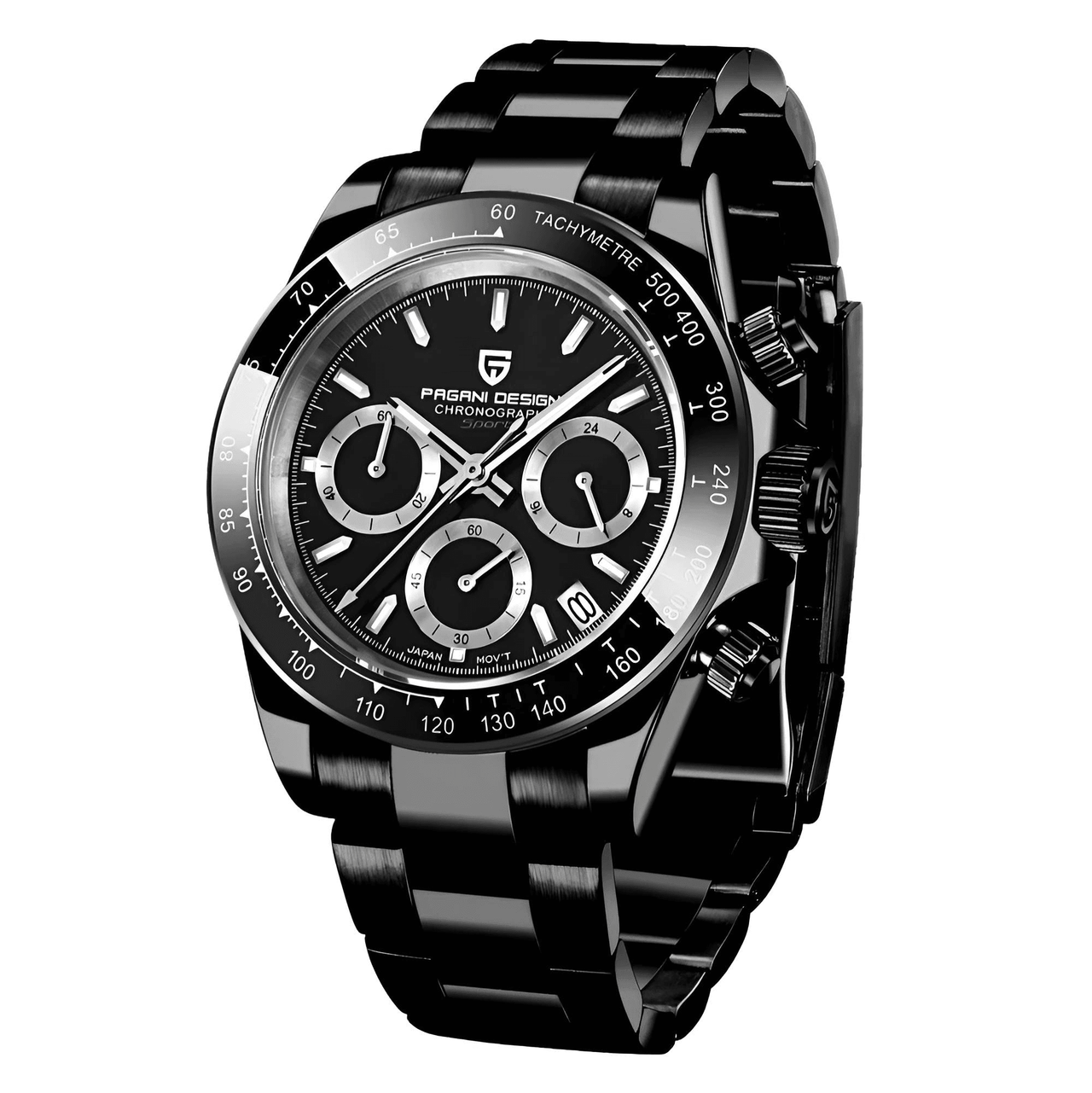 Black wristwatch with detailed face on white background
